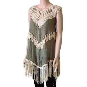Umgee Green Bohemian Crochet Top S Beige Fringe Trim Sleeveless Swing Top